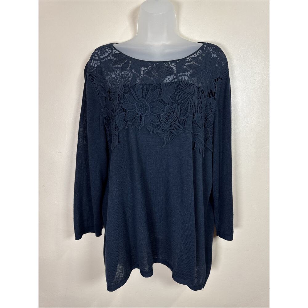 J. Jill Womens Linen Blend Sweater Crochet Floral Navy XL Coastal Boho Classic